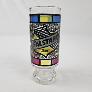 Vintage Stained Glass Falstaff Beer Glass Tall Pedestal 70's Collectible Barware